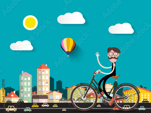 Man on Bicycle in the City with Small Cars. Vector Flat Cartoon.