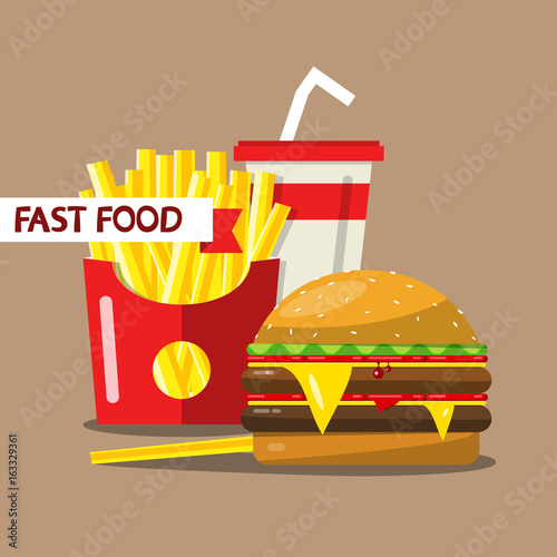 Fast Food. Vector Flat Design Meal. French Fries, Hamburger and Drink.