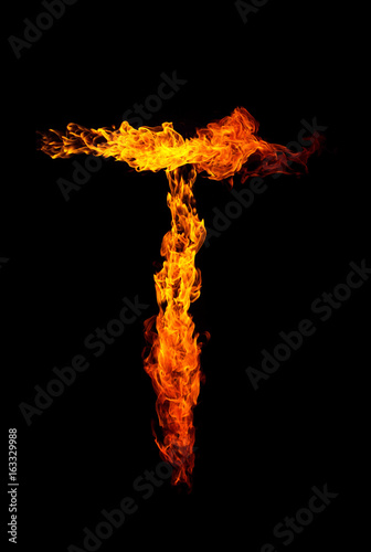 Fire letter T of burning flame.
