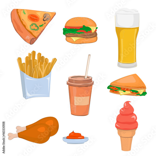 Cartoon fast food colorful illustrations set. Beer, coffee, burger, pizza, chicken legs, french fries and sandwich. 

