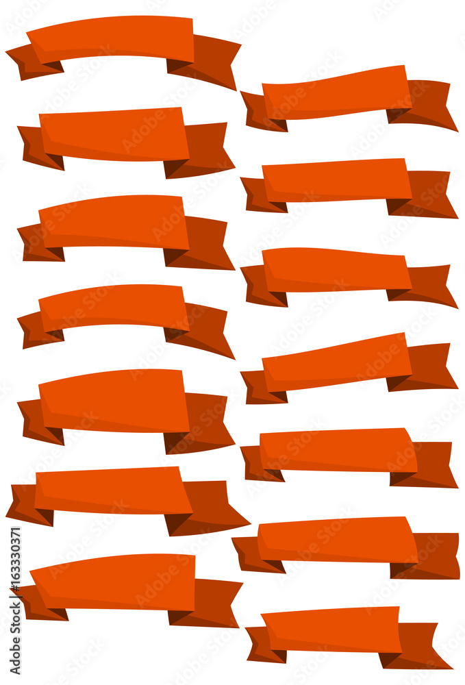 Set of orange cartoon ribbons and banners for web design. Great design element isolated on white background. Vector illustration.

