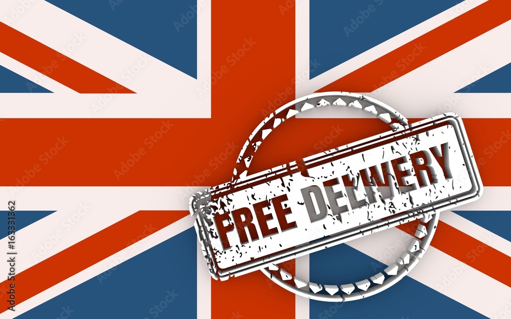 Distressed stamp icon. Graphic design elements. 3D rendering. Free delivery text. Flag of the Britain