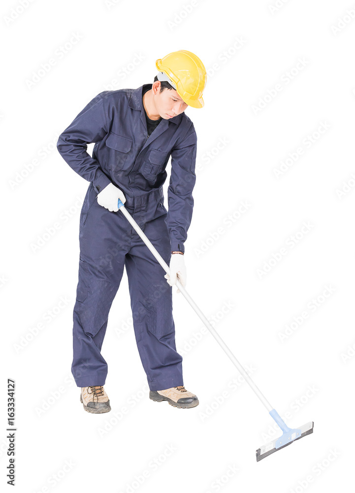 Young man hold squeegee window cleaner isolated on white Young man hold squeegee window cleaner isolated on white