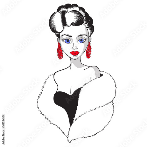 beautiful girl in earrings and a fur Cape. vector illustration.