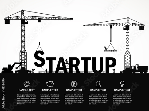 Crane and startup building. Infographic Template. Vector Illustration.