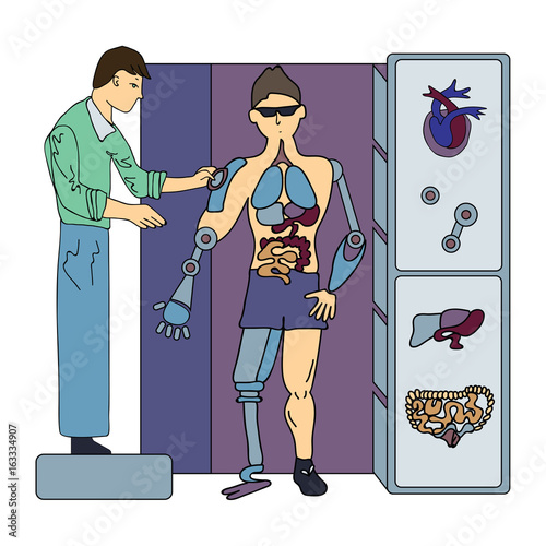 Artificial internal organs. Surgery of future. Surgeon and cyborg. Vector illustration, isolated on white background.
