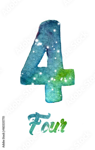 Hand painted watercolor of galaxy or night sky with stars number “Four” 4 font isolated on white background- Watercolor brush stroke. 