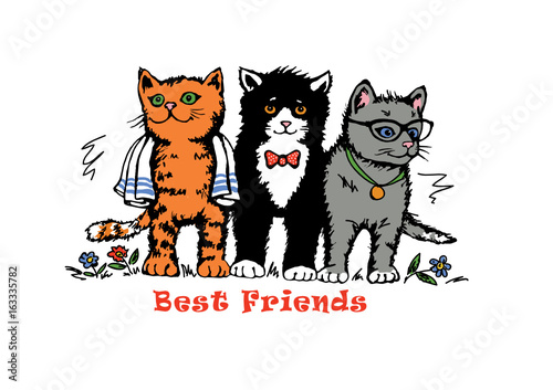 Hand drawing vector with cats for t shirt printing. Graphic tee.