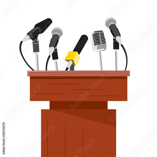 Tribune with microphones prepared for conference meeting