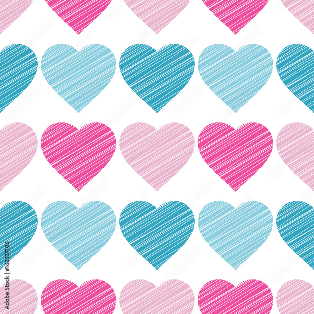 Seamless vector background with decorative hearts. Valentine's day. Strokes texture. Textile rapport.