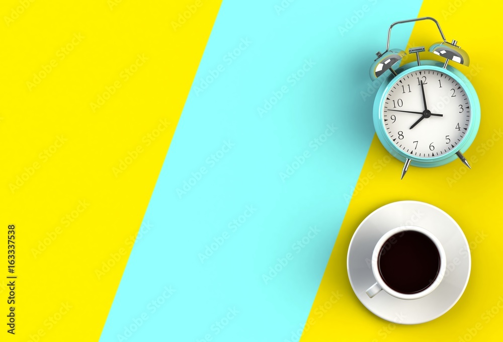 Coffee cup with alarm clock on yellow and blue background, Top view with copyspace for your text, 3D rendering Coffee cup with alarm clock on yellow and blue background, Top view with copyspace for your text, 3D rendering