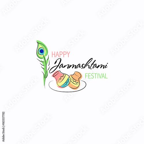 Happy Janmashtami festival typographic design with text, Lord Krishna, flute, sweets. Vector illustration