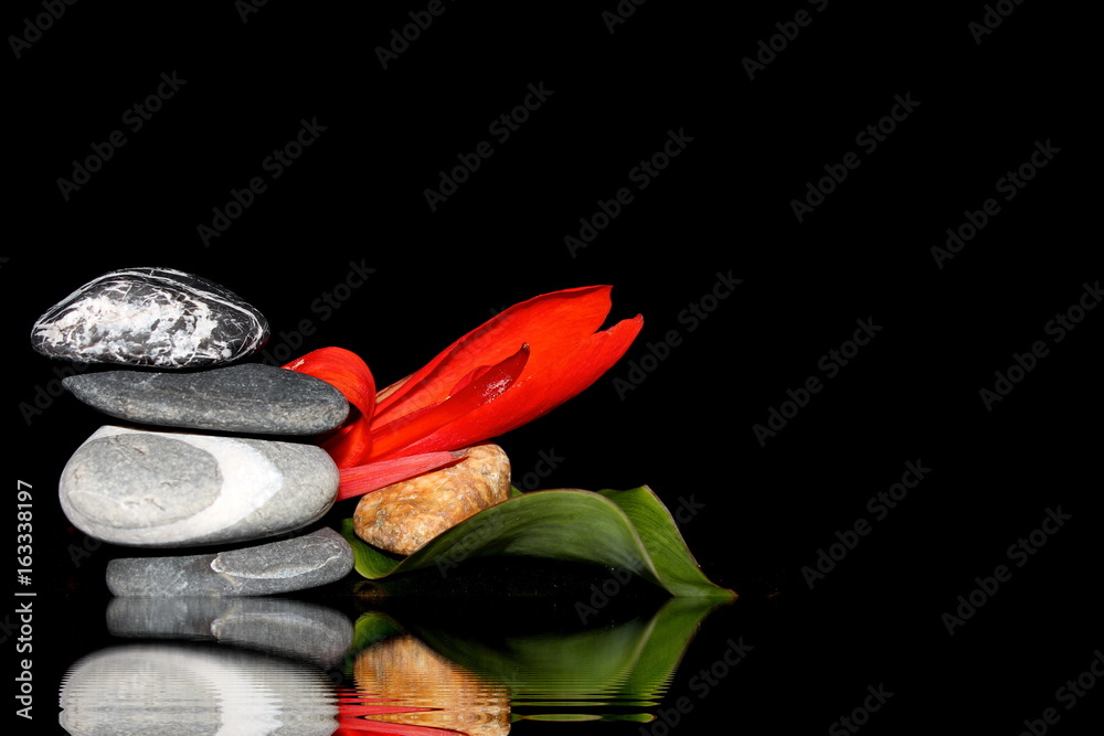 красивая каменная пирамида с красным цветком и листком Stock-Foto ...