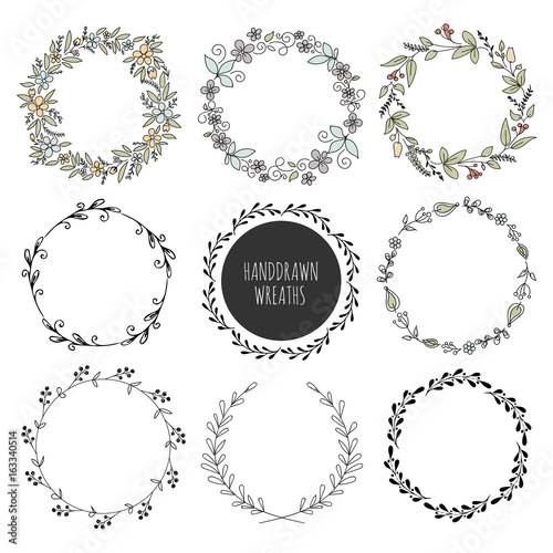 Handdrawn vector wreaths. Wedding floral wreaths. Design elements for invitations, greeting cards, logos