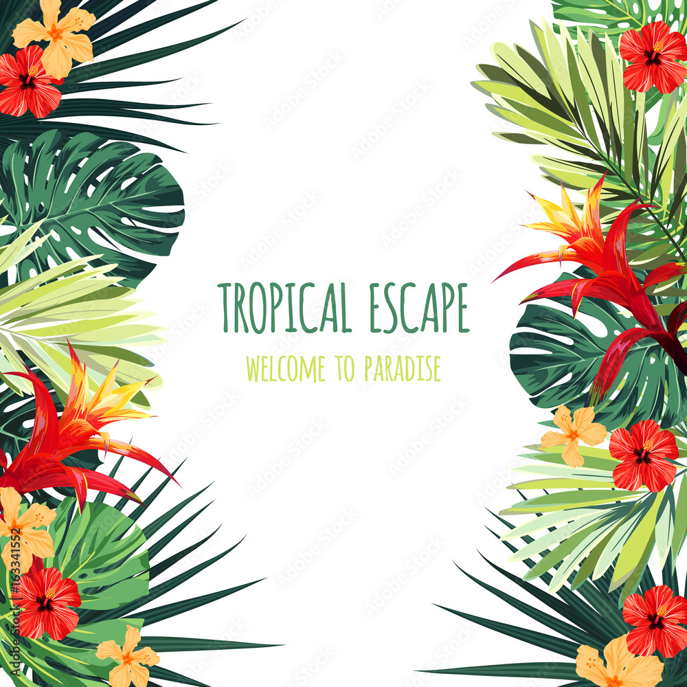 Obraz premium Floral square postcard design with guzmania and hibiscus flowers, monstera and royal palm leaves. Exotic hawaiian vector background.