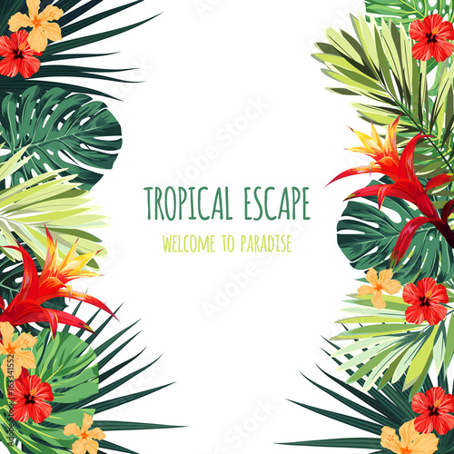 Floral square postcard design with guzmania and hibiscus flowers, monstera and royal palm leaves. Exotic hawaiian vector background.