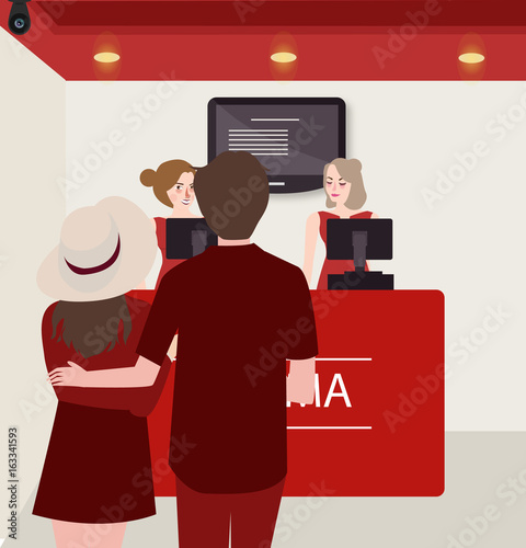 couple buy purchase movie ticket counter theater