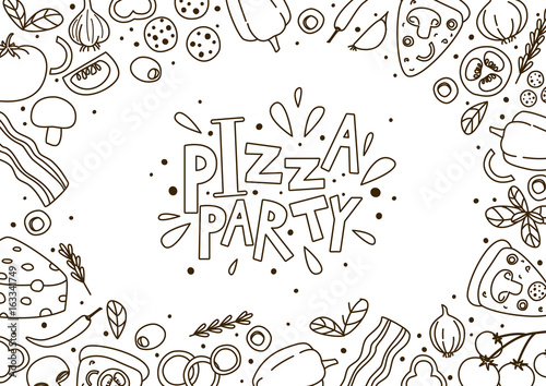 Pizza ingredients frame on white background