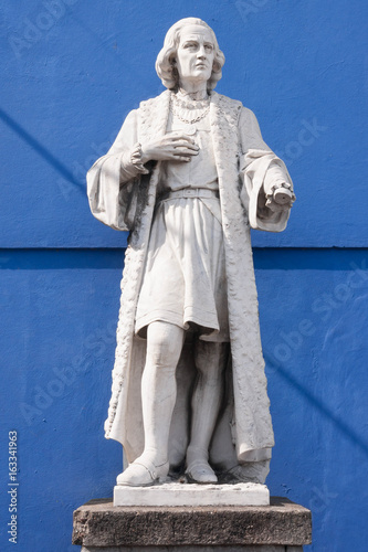 Public sculpture of Cristobal Colon ( Christopher Colombus) in front of Iglesia El Rosario in San Salvador, El Salvador.
