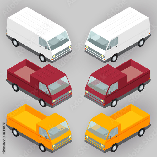 Isometric delivery vans, trucks set, vector illustration. Flat vehicle mini van, trailer side view. Cargo land delivery transportation concept.