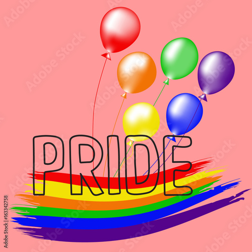 Colored rainbow balls and handwritten text Pride.  Rainbow background LGBT  multicolored flag.  Original symbol for gay parade. Vector design