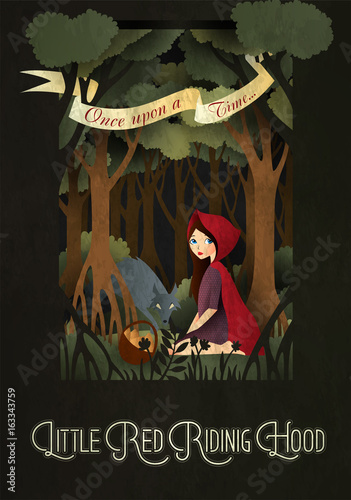 Little Red Riding Hood and wolf in front of forest fairy tale illustration
