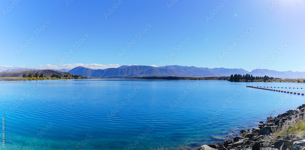 Panoramic image of beautiful scenery of Lake Pukaki , Mackenzie District, Canterbury region, South Island of New Zealand