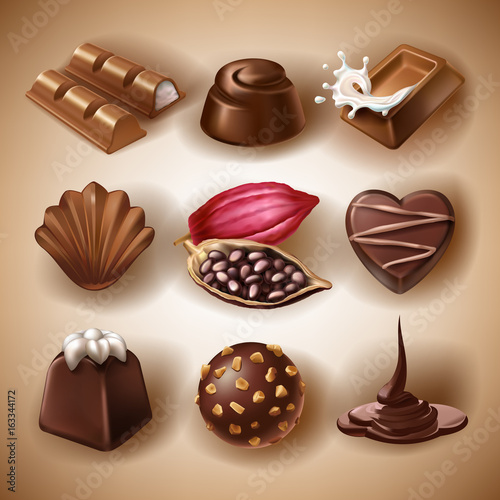 Set of vector icons of chocolate desserts and candies, liquid chocolate and cocoa beans in a realistic style. Print, template, design element for packaging and advertising, stickers
