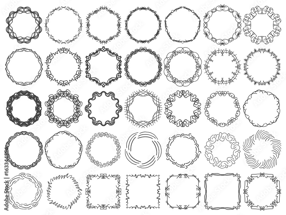 Frames doodle pen round sketch set black white