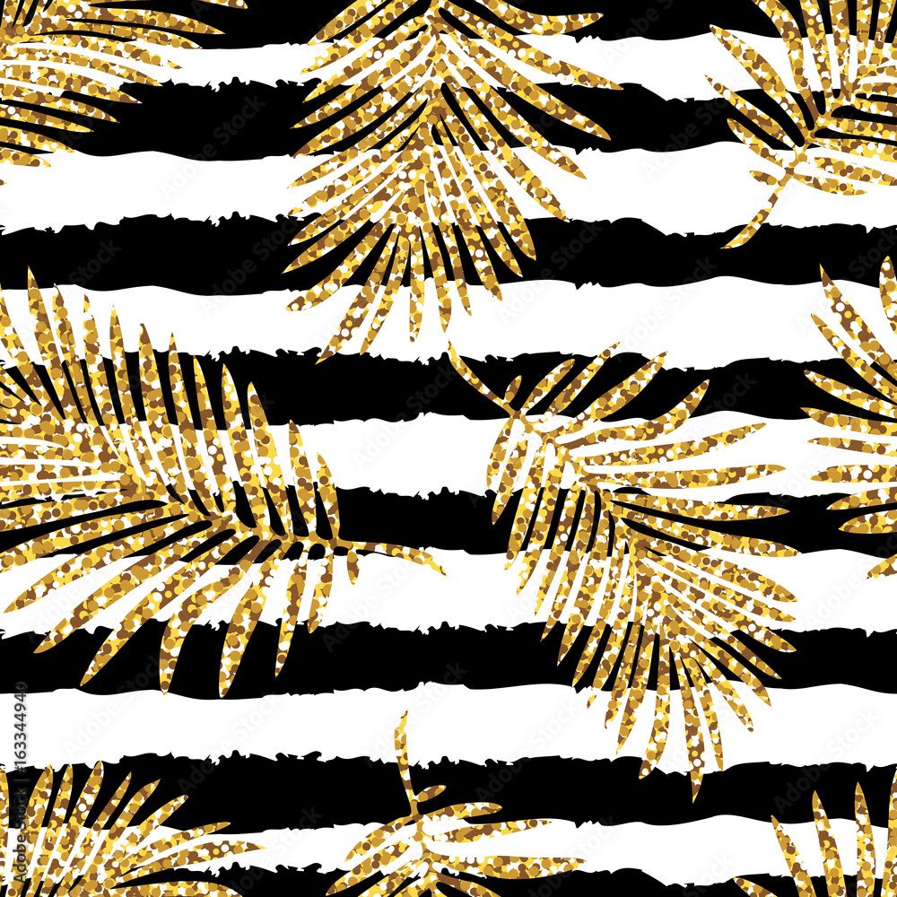 Tropical monstera and palm leaf motif with gold glitter
