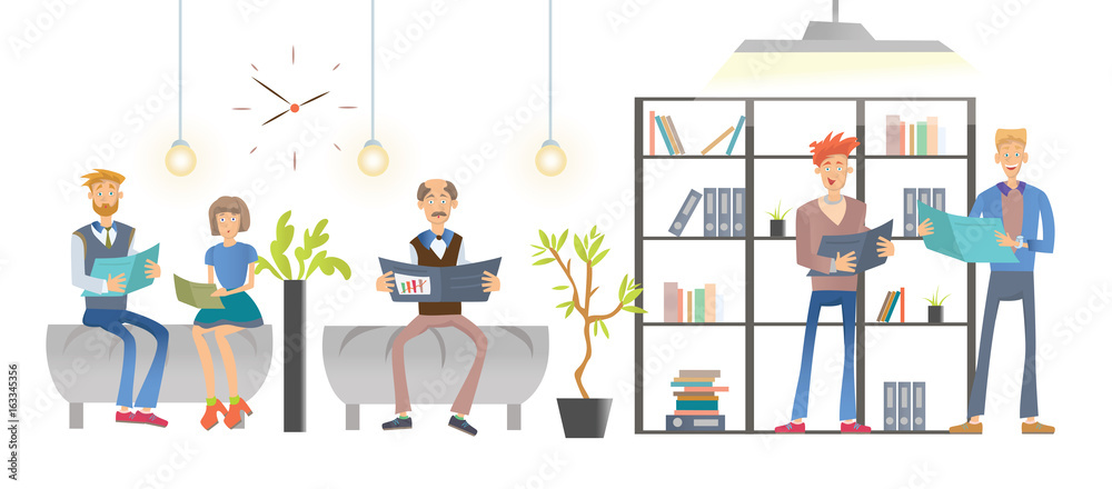 People reading documents or books in the office or library, shelving with folders and books. Vector illustration, isolated on white background.