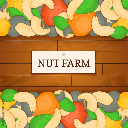 Wooden box with cashew nuts. Vector illustration. Boards wood background, border with walnut fruit and label. For the design of packaging food, breakfast, detox diet, vegan, cosmetics oil