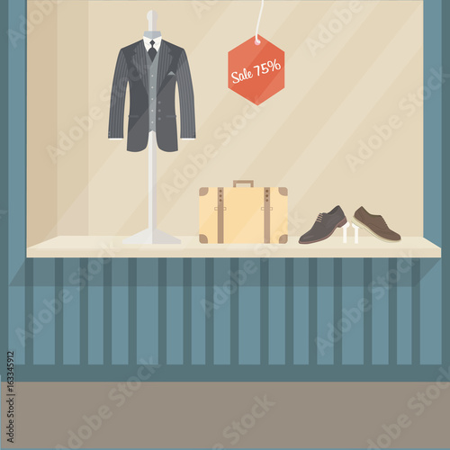 man suit fashion store front display mannequin shoe and bag empty no people