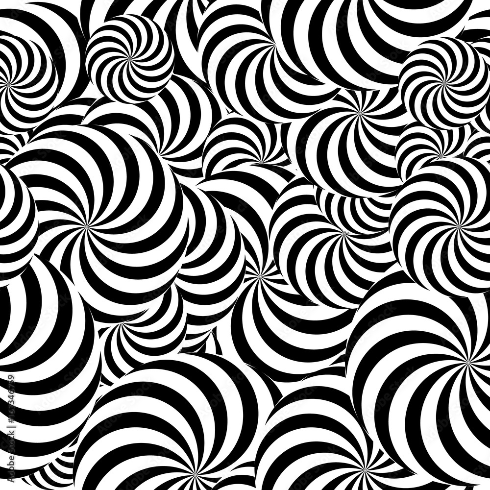 Abstract Striped Seamless Pattern Background. Spiral Vortex Phenomenon. Black And White Hypnosis, Rays. Optical Art Illustration