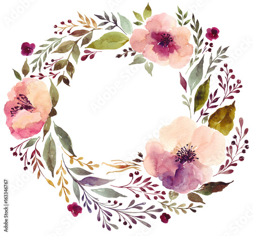 Watercolor illustration with amazing floral wreath