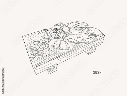 set of sushi , japanese food . hand drawn water color sketch vector.