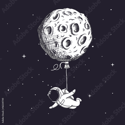 Photographie Funny spaceman fly with moon like a balloon