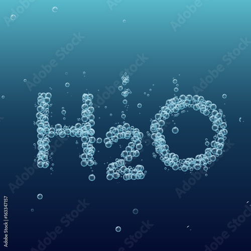 Water bubble background. Vector blue banner or flyer with chemical molecule h2o. Text made with cool bubbles. Shiny realistic foam and waves. Bottled still water, eco lifestyle and healthy motivation.