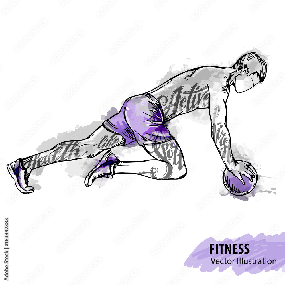 Hand sketch of a man is training with a ball. Vector sport illustration.