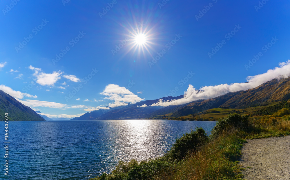 Beautiful backlit of Lake Wakatipu , South Island of New Zealand