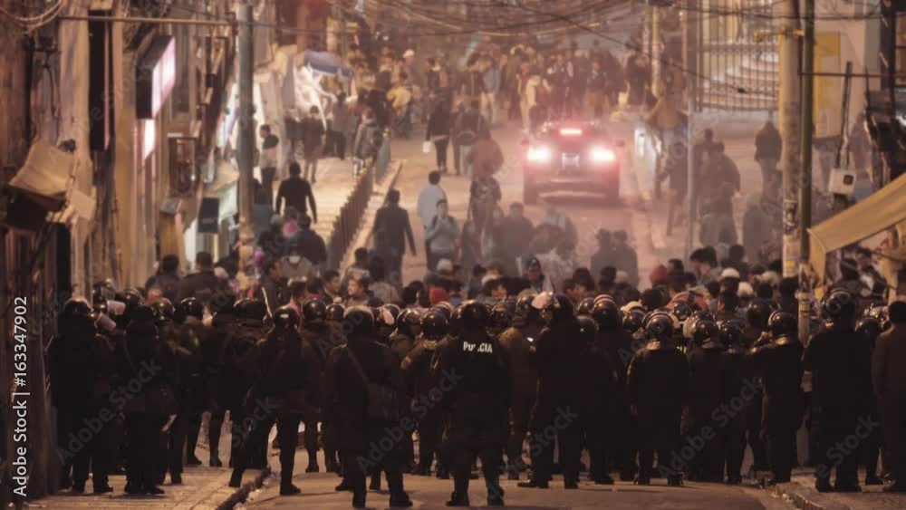 LA PAZ, BOLIVIA - 17 FEBRUARY 2017: Protest of the bolivian policemen gathered on the entrance of a the mains street in the city.