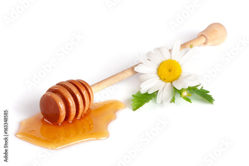 Honey stick with flowing honey and flowers of chamomile isolated on white background