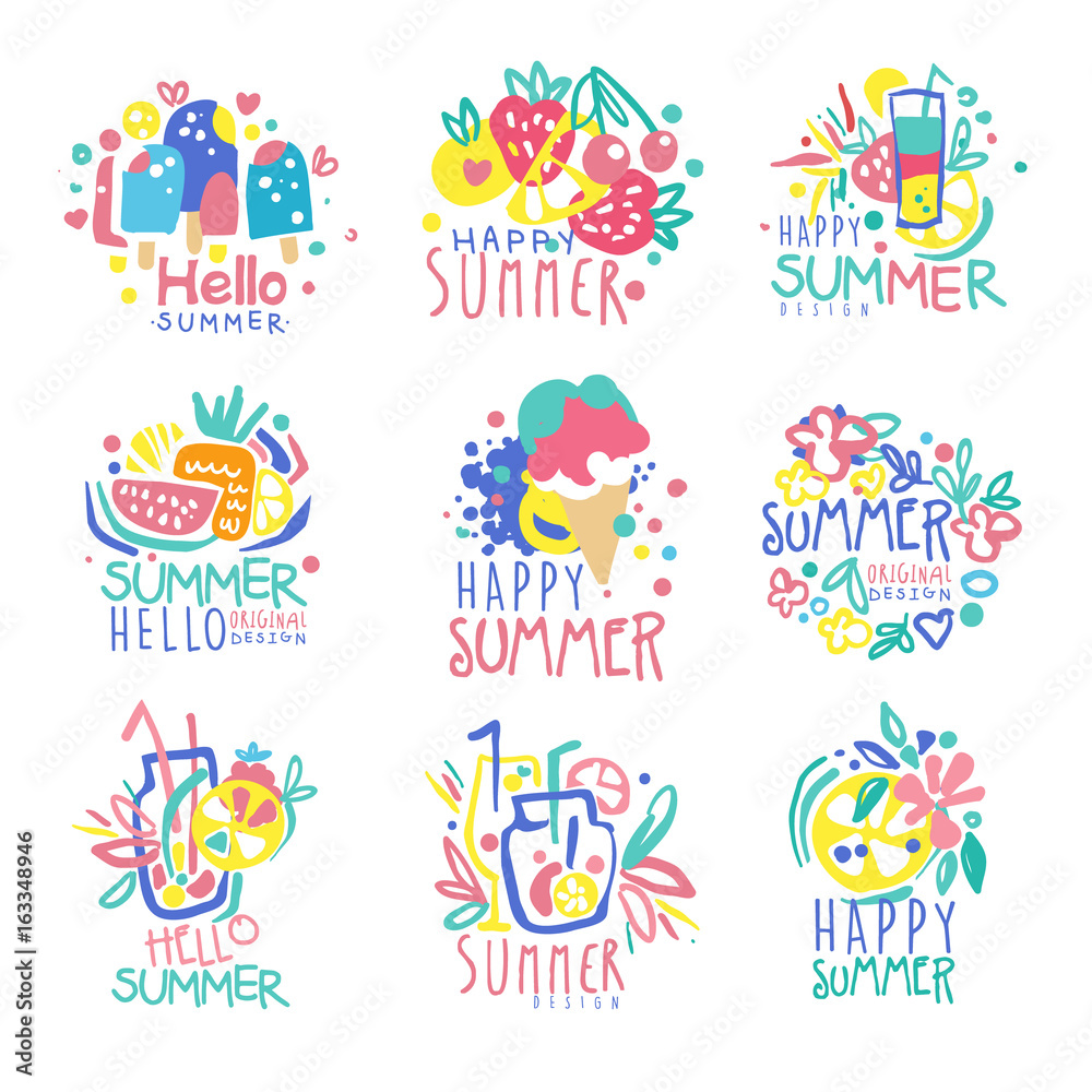 Hello Summer logo template original design set, colorful hand drawn vector Illustrations
