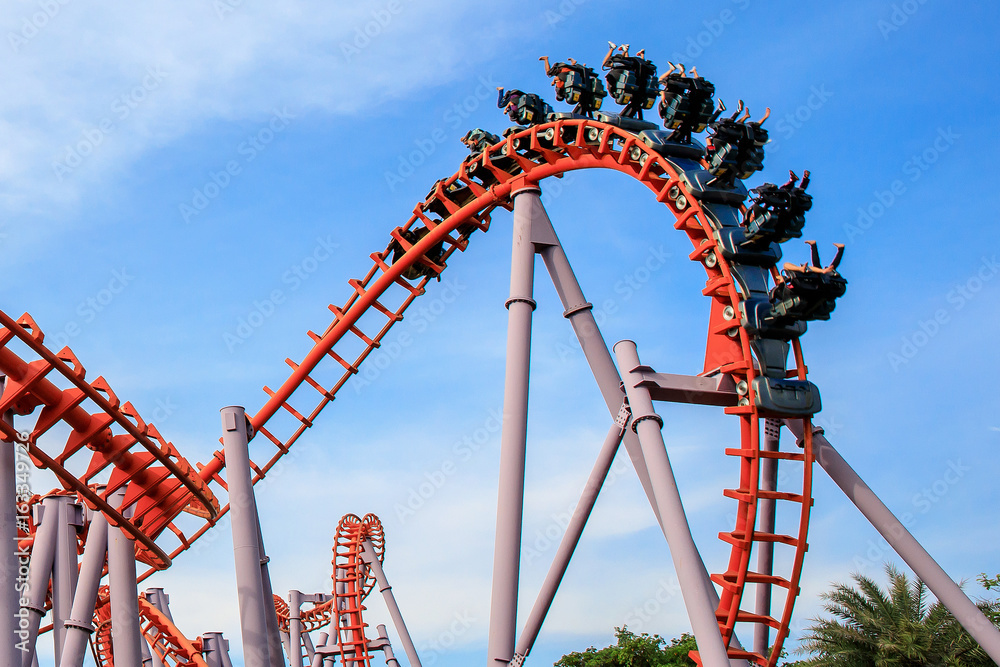 Roller Coaster at amusement park of Bangkok, Thailand. - obrazy, fototapety, plakaty 