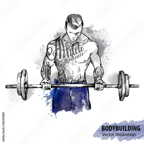 Hand sketch of a man with a barbell. Vector sport illustration.