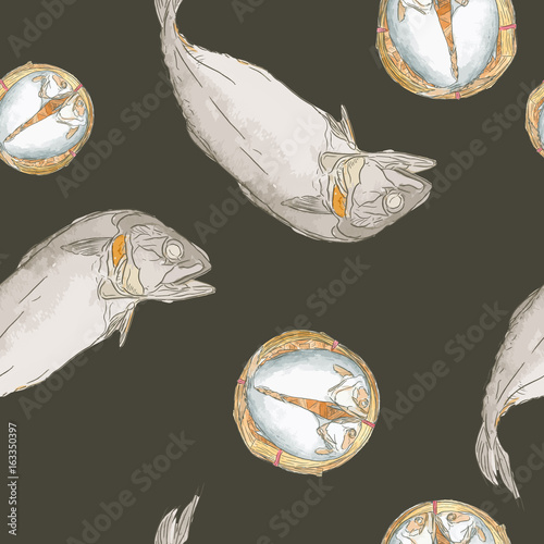 Streaming short mackerel in a basket , hand drawn sketch vector.