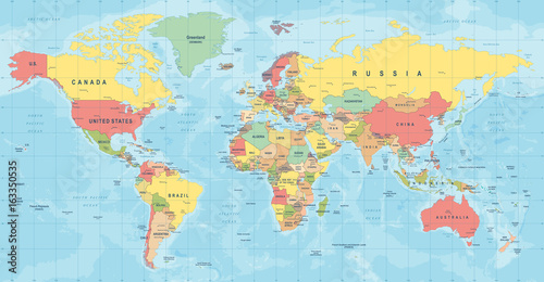 Fototapeta Wektor mapa świata. Szczegółowa ilustracja mapy świata