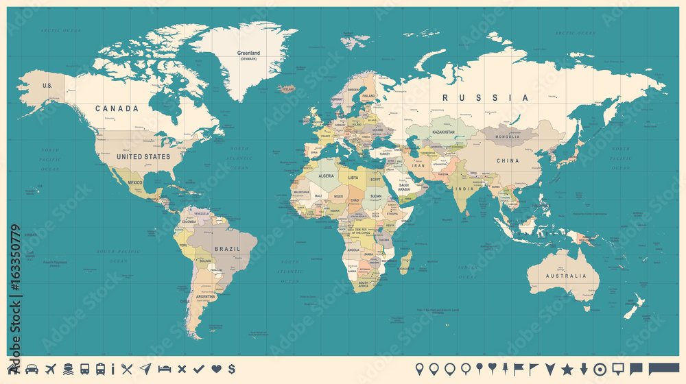 Fototapeta Mapa świata wektor wzór. Szczegółowa ilustracja mapy świata