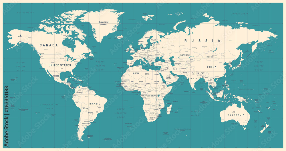 Obraz premium Mapa świata Vintage wektor. Szczegółowa ilustracja mapy świata