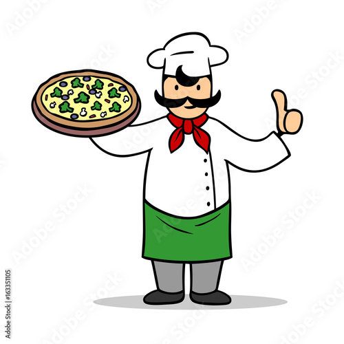 Koch mit vegetarischer Pizza h  lt Daumen hoch